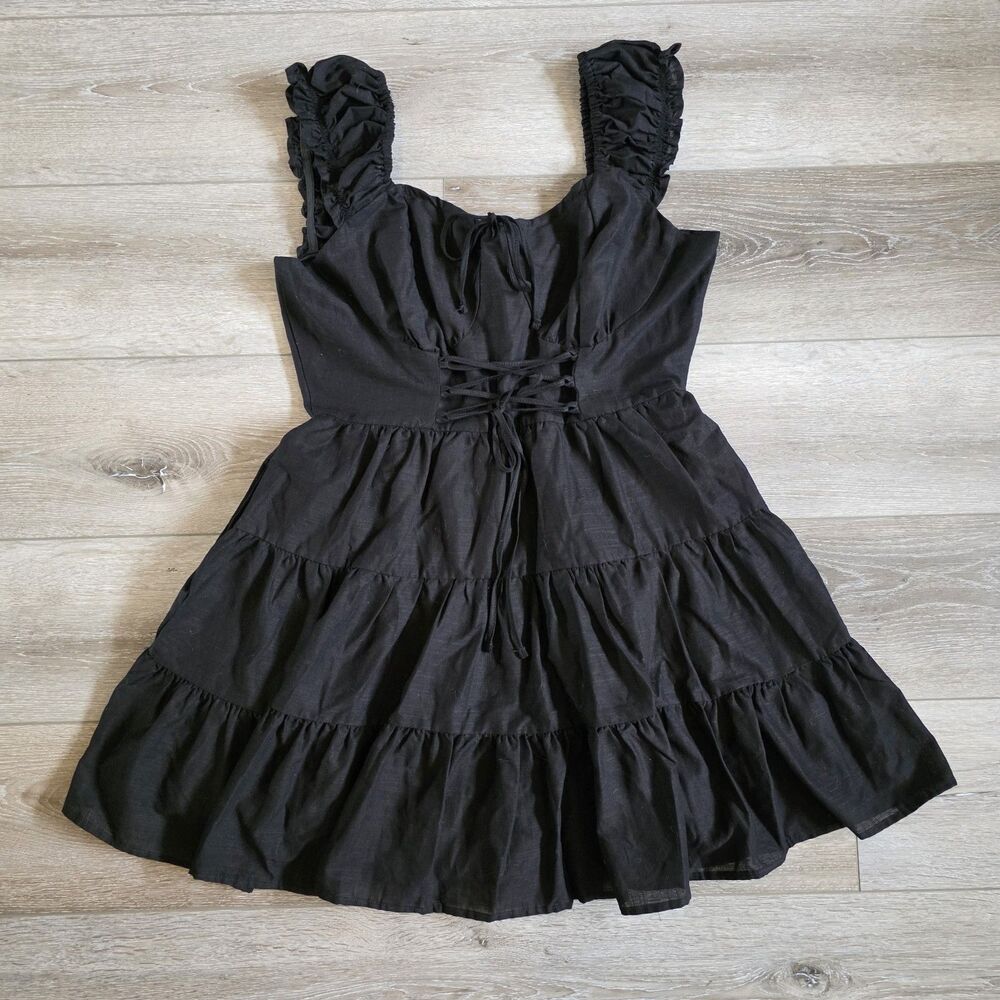 NWT Thorn & Fable Black Ruffle Dress Lace up Corset Tiered Milkmaid Sz L Womens
